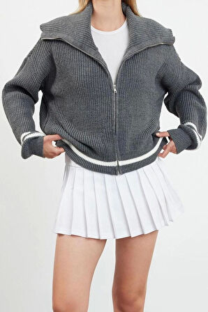 Kadın Moda Şık Regular Devrik Yaka Regular Çizgili Devrik Yaka Triko Hırka