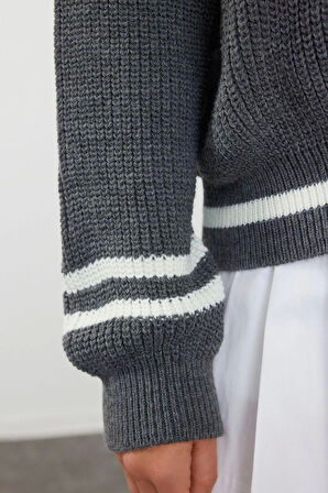 Kadın Moda Şık Regular Devrik Yaka Regular Çizgili Devrik Yaka Triko Hırka