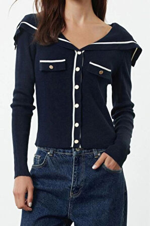 Kadın Moda Şık Regular Devrik Yaka Slim Renk Bloklu Devrik Yaka Triko Hırka