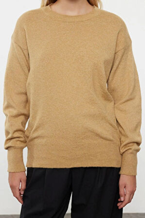 Kadın Moda Şık Bisiklet Yaka Standart Kol Regular Yünlü Geniş Kalıp Basic Triko Kazak