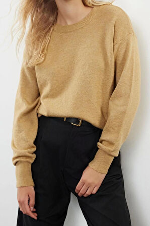 Kadın Moda Şık Bisiklet Yaka Standart Kol Regular Yünlü Geniş Kalıp Basic Triko Kazak