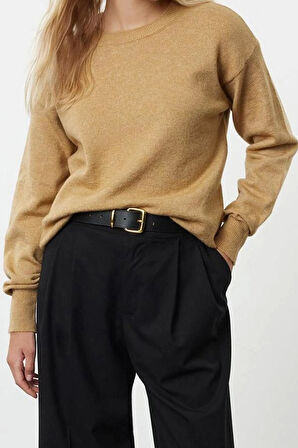 Kadın Moda Şık Bisiklet Yaka Standart Kol Regular Yünlü Geniş Kalıp Basic Triko Kazak