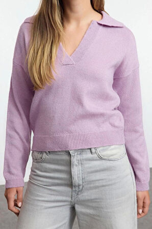 Kadın Moda Şık Polo Yaka Standart Kol Regular Geniş Kalıp Yumuşak Dokulu Basic Triko Kazak