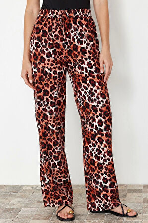 Kadın Yeni Moda Geniş Paça Regular Boy Dokuma Beli Lastikli Geniş Paça Leopar Desenli Pantolon