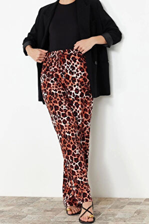 Kadın Yeni Moda Geniş Paça Regular Boy Dokuma Beli Lastikli Geniş Paça Leopar Desenli Pantolon