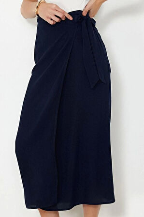 Kadın Moda Stil Maxi Astarsız Dokuma Bağlamalı Kruvaze Kapama Viskon Kumaşlı Maxi Boy Dokuma Etek