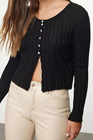 Kadın Moda Şık Regular Bisiklet Yaka Slim Düğme Detaylı Triko Hırka