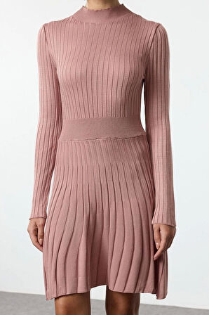 Kadın Moda Şık Mini Boy Dik Yaka Regular Triko Fırfırlı Elbise