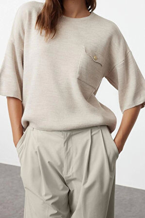 Kadın Moda Şık Bisiklet Yaka Standart Kol Regular Cep Detaylı Triko Kazak