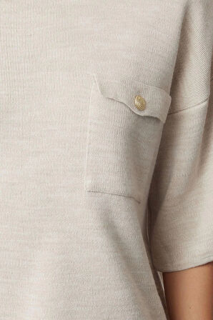 Kadın Moda Şık Bisiklet Yaka Standart Kol Regular Cep Detaylı Triko Kazak