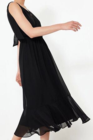 Kadın Moda Şık Maxi Boy V Yaka Regular A Kesim Beli Lastikli Şifon Astarlı Dokuma Elbise