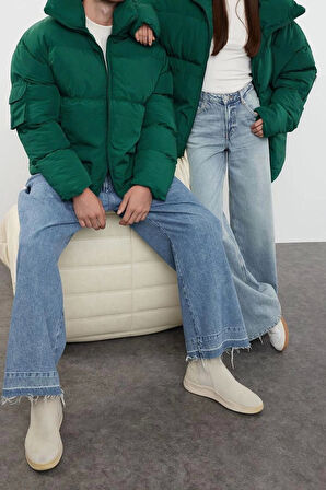 Unisex Moda Şık Relaxed Dik Yaka Standart Düz Astarlı Taslan Relaxed Fit Kışlık Şişme Mont