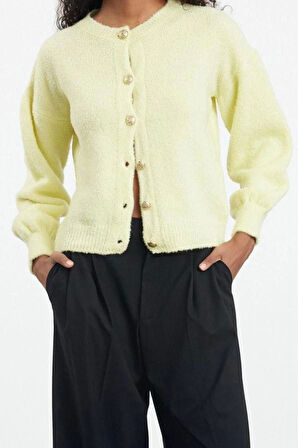 Kadın Moda Şık Regular Bisiklet Yaka Regular Buklet Triko Hırka