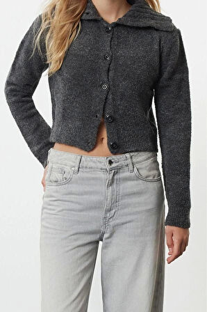 Kadın Moda Şık Crop Dik Yaka Regular Crop Buklet Triko Hırka