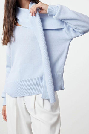 Kadın Moda Şık V Yaka Standart Kol Regular Atkılı Triko Kazak