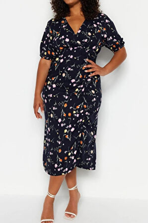 Yeni Rahat Casual Günlük Shally Dokuma Kruvaze Kısa Kol A-Line Midi Boy Büyük Beden Elbise