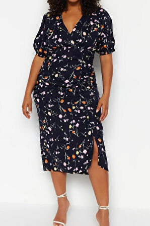 Yeni Rahat Casual Günlük Shally Dokuma Kruvaze Kısa Kol A-Line Midi Boy Büyük Beden Elbise