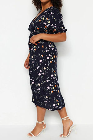 Yeni Rahat Casual Günlük Shally Dokuma Kruvaze Kısa Kol A-Line Midi Boy Büyük Beden Elbise