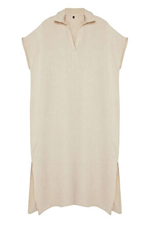 Yeni Oversize Günlük Keten Görünümlü Dokuma Gömlek Yaka Kısa Kol A-Line Midi Boy Büyük Beden Elbise