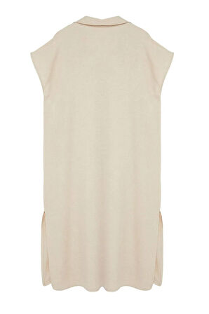 Yeni Oversize Günlük Keten Görünümlü Dokuma Gömlek Yaka Kısa Kol A-Line Midi Boy Büyük Beden Elbise