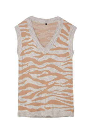 Kadın Tesettür Moda Şık Regular V Yaka Uzun Kol Animal Yumuşak Dokulu Zebra Desenli Triko Süveter