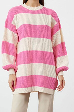 Kadın Tesettür Moda Regular Bisiklet Yaka Uzun Kol Çizgili Yumuşak Dokulu Selanik Örgü Triko Kazak