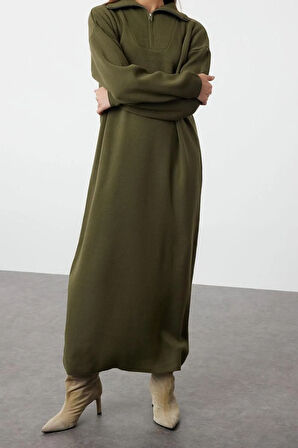 Yeni Rahat Casual Günlük Çift Plaka Triko Dik Yaka Uzun Kol Shift Maxi Boy Tesettür Elbise