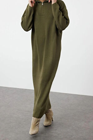 Yeni Rahat Casual Günlük Çift Plaka Triko Dik Yaka Uzun Kol Shift Maxi Boy Tesettür Elbise