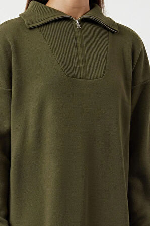 Yeni Rahat Casual Günlük Çift Plaka Triko Dik Yaka Uzun Kol Shift Maxi Boy Tesettür Elbise