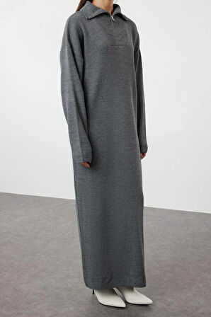 Yeni Rahat Casual Günlük Çift Plaka Triko Dik Yaka Uzun Kol Shift Maxi Boy Tesettür Elbise