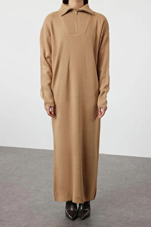 Yeni Rahat Casual Günlük Çift Plaka Triko Dik Yaka Uzun Kol Shift Maxi Boy Tesettür Elbise