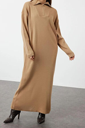 Yeni Rahat Casual Günlük Çift Plaka Triko Dik Yaka Uzun Kol Shift Maxi Boy Tesettür Elbise