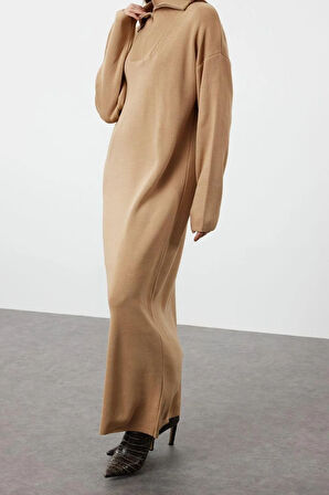 Yeni Rahat Casual Günlük Çift Plaka Triko Dik Yaka Uzun Kol Shift Maxi Boy Tesettür Elbise