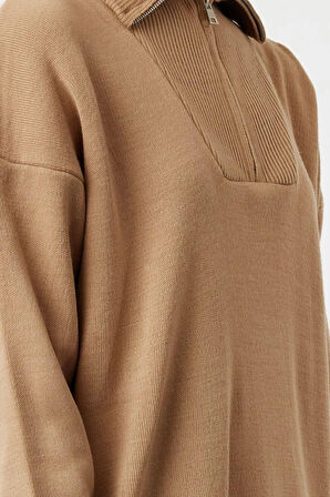 Yeni Rahat Casual Günlük Çift Plaka Triko Dik Yaka Uzun Kol Shift Maxi Boy Tesettür Elbise