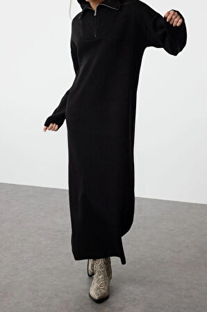 Yeni Rahat Casual Günlük Çift Plaka Triko Dik Yaka Uzun Kol Shift Maxi Boy Tesettür Elbise