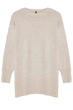 Kadın Tesettür Moda Şık Regular Bisiklet Yaka Uzun Kol Düz İnci Detaylı Triko Kazak