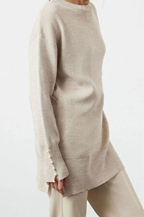 Kadın Tesettür Moda Şık Regular Bisiklet Yaka Uzun Kol Düz İnci Detaylı Triko Kazak