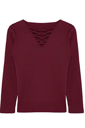 Kadın Büyük Beden Moda Şık Regular V Yaka Uzun Kol Düz Bordo Çapraz Britli Triko Kazak