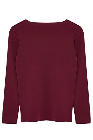 Kadın Büyük Beden Moda Şık Regular V Yaka Uzun Kol Düz Bordo Çapraz Britli Triko Kazak