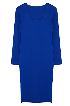 Yeni Fit Casual Günlük Fitilli Triko Kare Yaka Uzun Kol Bodycone Midi Boy Büyük Beden Elbise