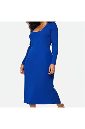 Yeni Fit Casual Günlük Fitilli Triko Kare Yaka Uzun Kol Bodycone Midi Boy Büyük Beden Elbise