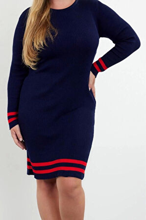 Kadın Moda Şık Büyük Beden Mini Boy Bisiklet Yaka Fitted Fitilli Triko Büyük Beden Elbise