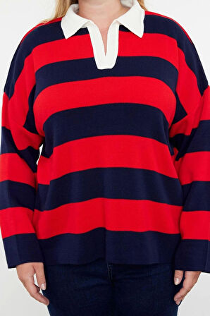 Kadın Büyük Beden Moda Şık Regular Polo Yaka Uzun Kol Çizgili Polo Yaka Triko Kazak