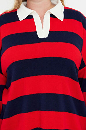 Kadın Büyük Beden Moda Şık Regular Polo Yaka Uzun Kol Çizgili Polo Yaka Triko Kazak