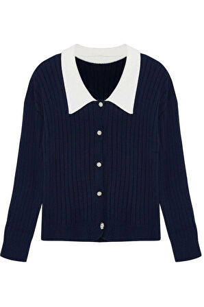 Kadın Büyük Beden Moda Şık Regular Gömlek Yaka Uzun Kol Düz Triko Hırka