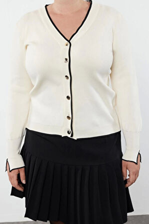 Kadın Büyük Beden Moda Şık Regular V Yaka Uzun Kol Düz Triko Hırka