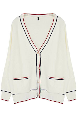 Kadın Büyük Beden Moda Şık Regular V Yaka Uzun Kol Çizgili Çizgi Detaylı Triko Hırka