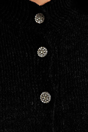 Kadın Büyük Beden Moda Şık Regular Bisiklet Yaka Uzun Kol Düz Taşlı Düğmeli Triko Hırka