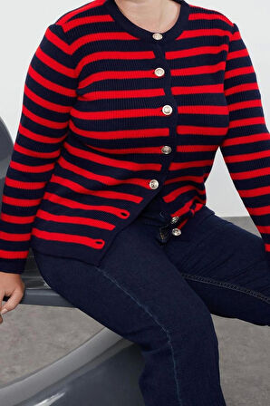 Kadın Büyük Beden Moda Şık Regular Bisiklet Yaka Uzun Kol Çizgili Triko Hırka