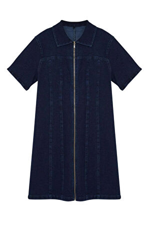 Yeni Fit Casual Günlük Comfort Denim Gömlek Yaka Kısa Kol Bodycone Mini Boy Büyük Beden Elbise